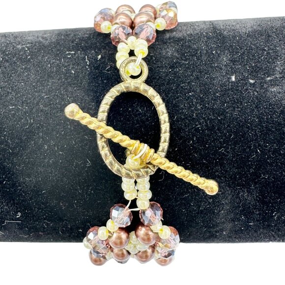 Beaded Bracelet 8 inch Brown Cream Crystals and Faux Pearls with Toggle Closure - Picture 2 of 3
